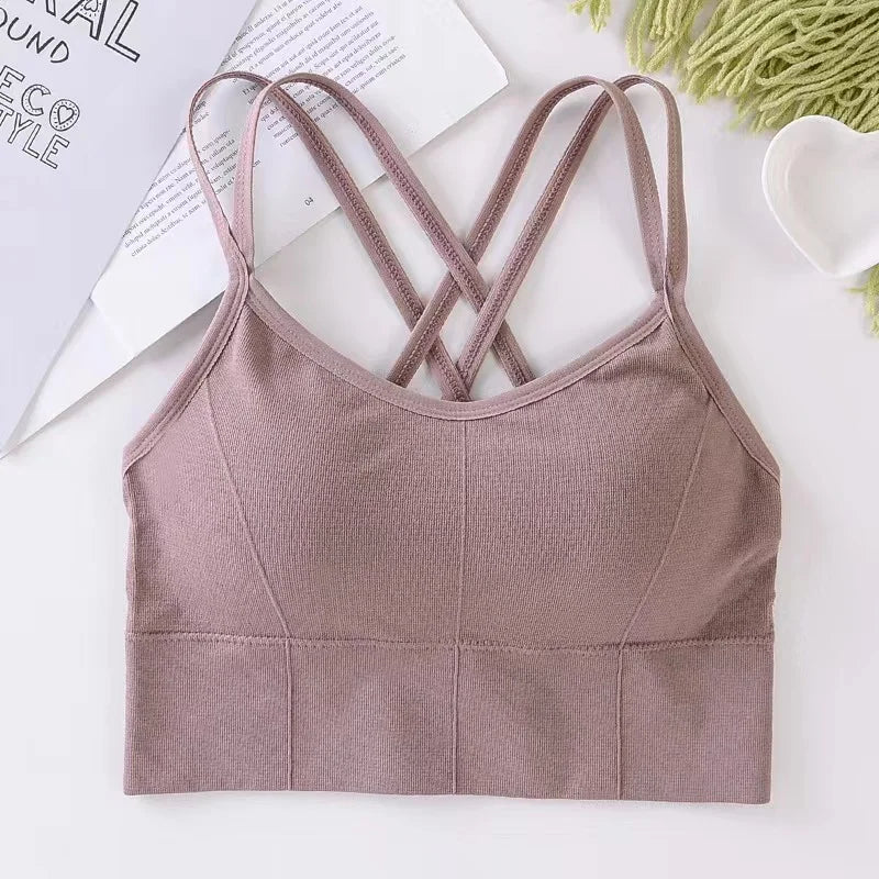 Women’s Cross Strap Sports Bra – Push-Up Seamless Fitness Top