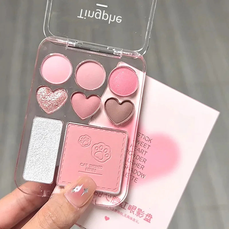 8-Color Eyeshadow & Blush Palette – Pink Orange Heart-Shaped Makeup