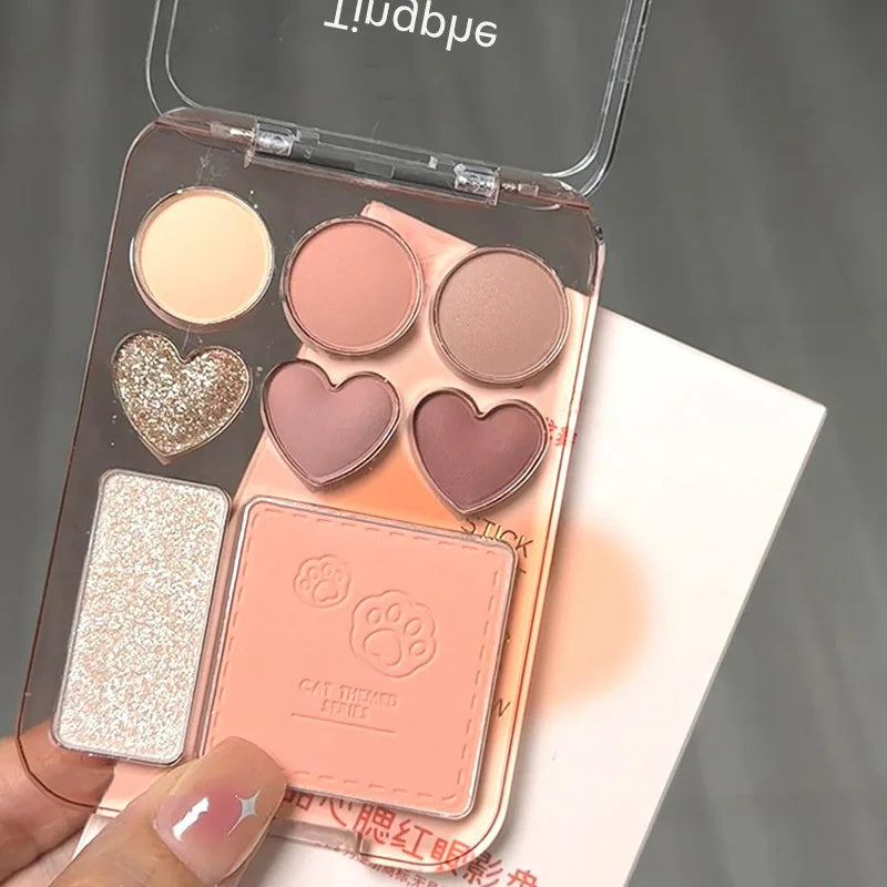 8-Color Eyeshadow & Blush Palette – Pink Orange Heart-Shaped Makeup