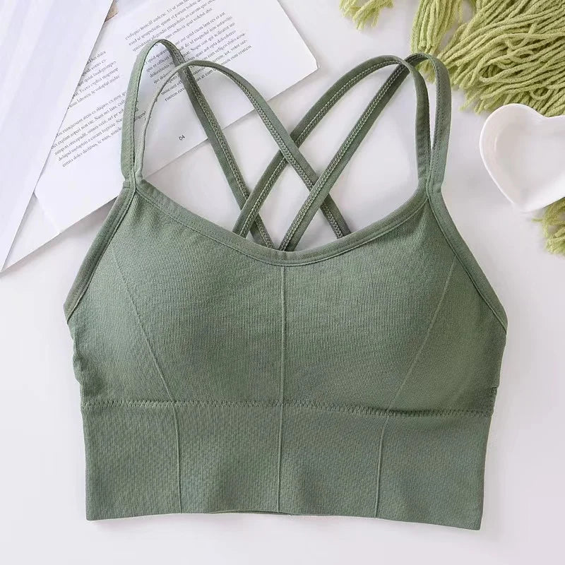 Women’s Cross Strap Sports Bra – Push-Up Seamless Fitness Top