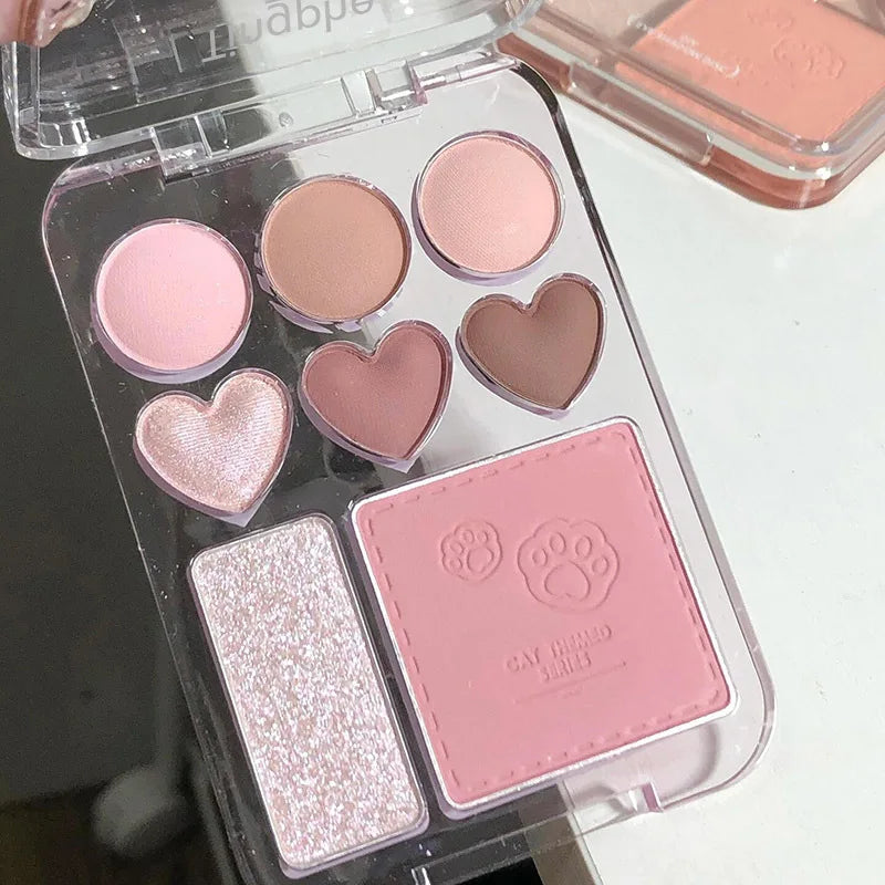 8-Color Eyeshadow & Blush Palette – Pink Orange Heart-Shaped Makeup