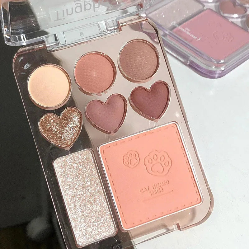 8-Color Eyeshadow & Blush Palette – Pink Orange Heart-Shaped Makeup