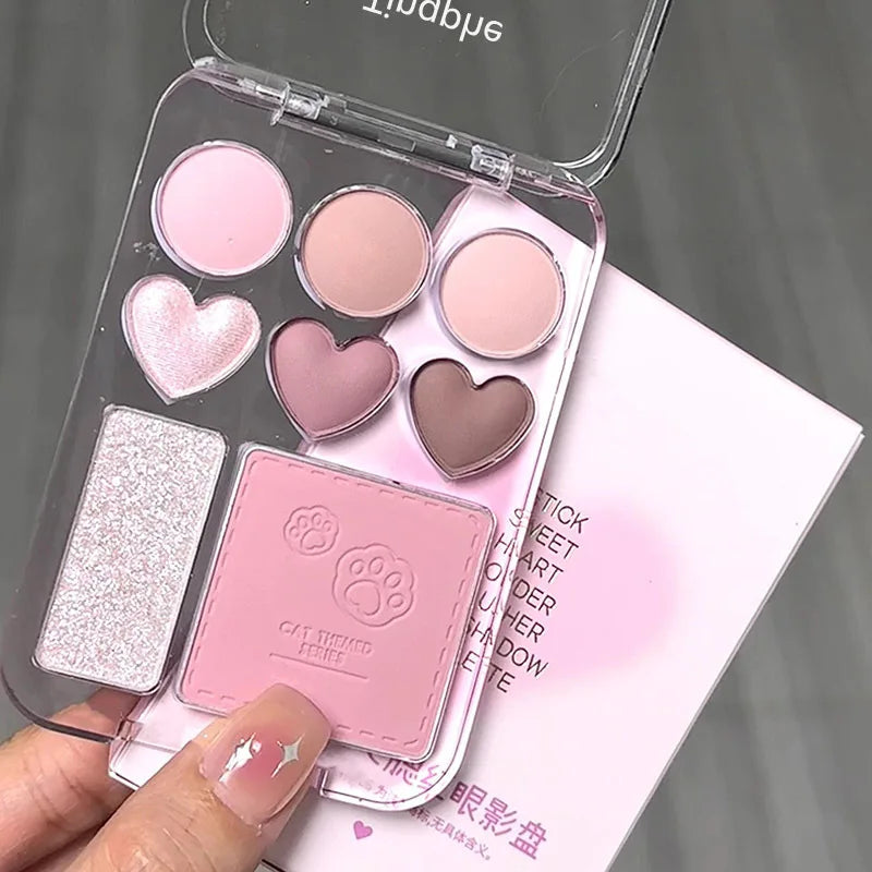 8-Color Eyeshadow & Blush Palette – Pink Orange Heart-Shaped Makeup