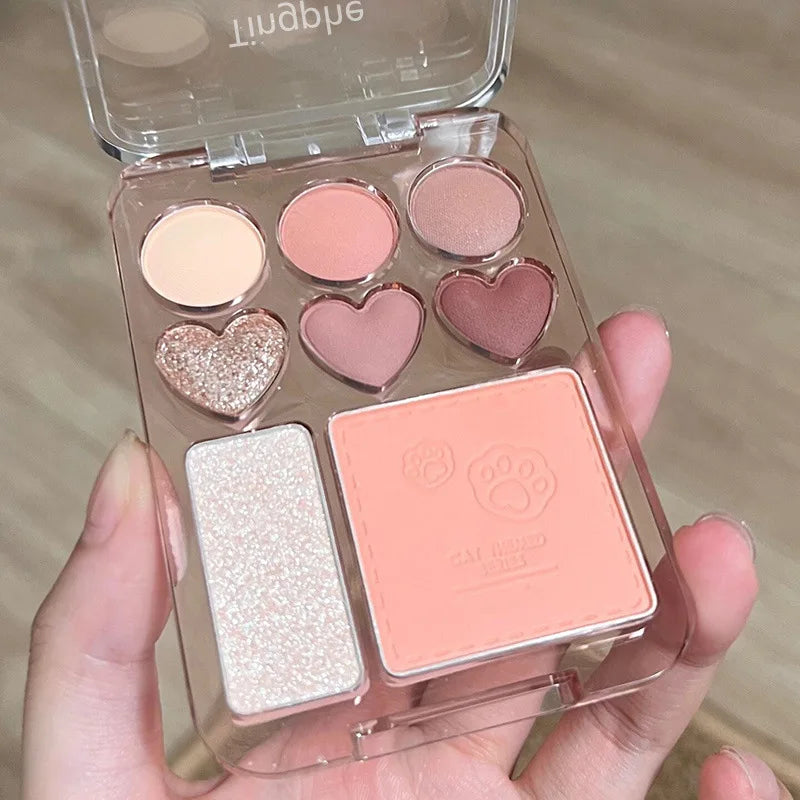 8-Color Eyeshadow & Blush Palette – Pink Orange Heart-Shaped Makeup