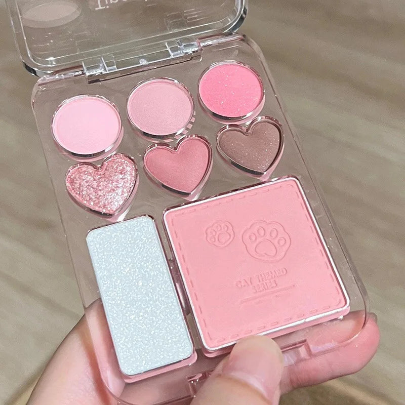 8-Color Eyeshadow & Blush Palette – Pink Orange Heart-Shaped Makeup