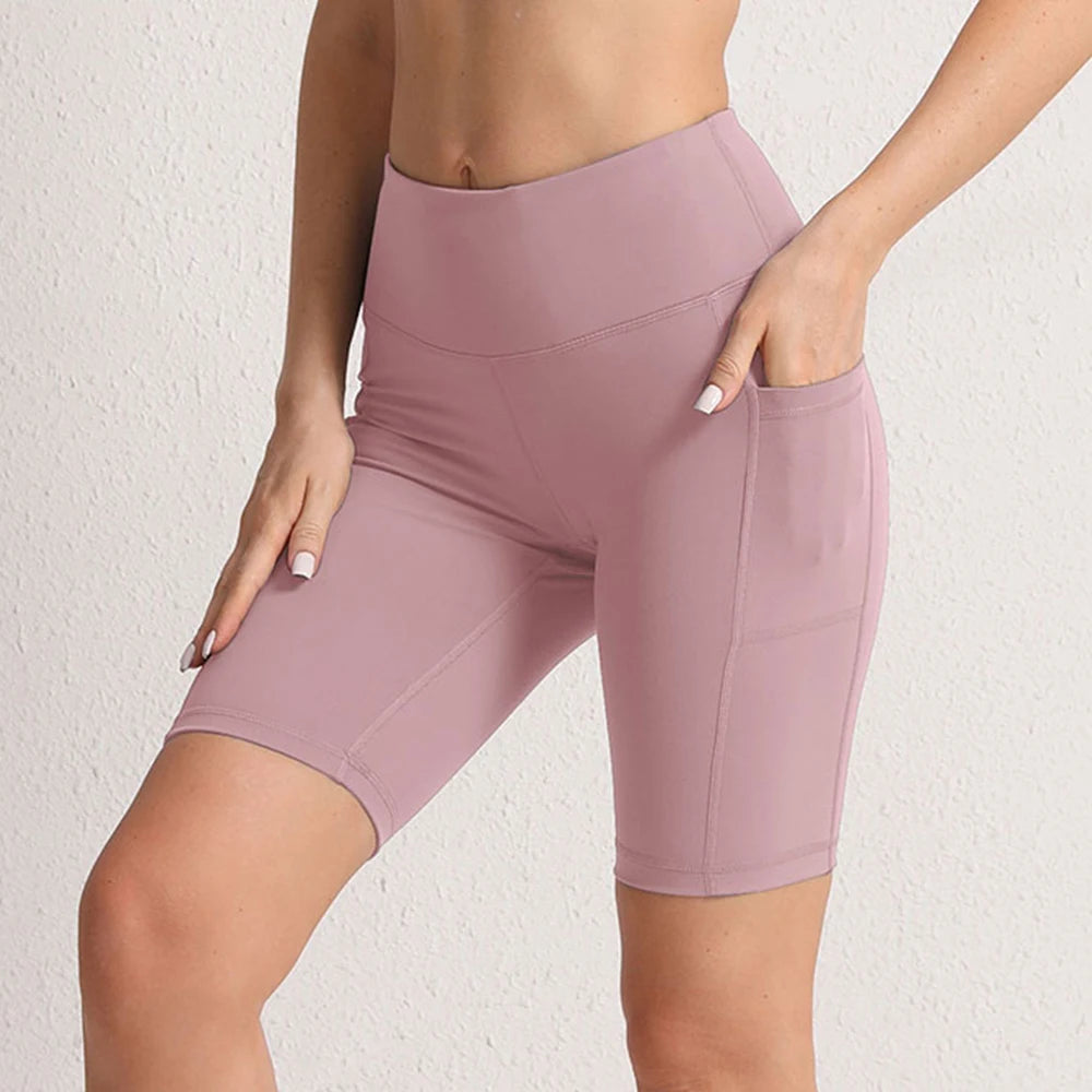 CHRLEISURE Women’s Yoga Shorts – Seamless Fitness Tights with Pockets