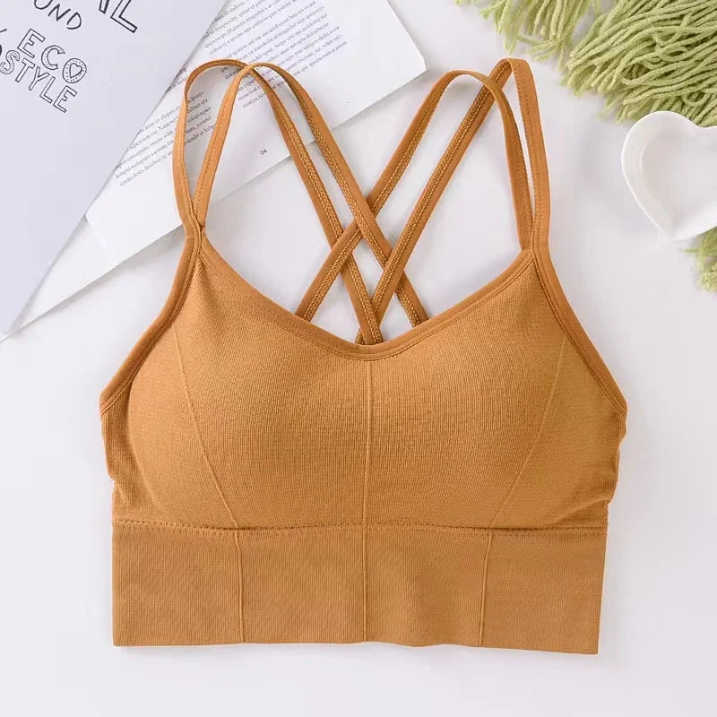 Women’s Cross Strap Sports Bra – Push-Up Seamless Fitness Top