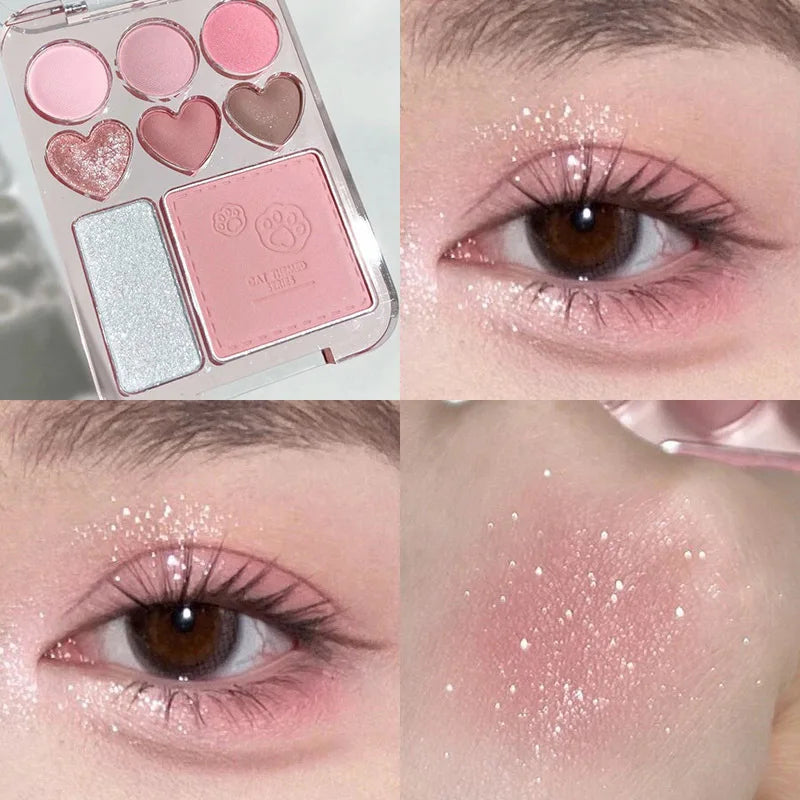 8-Color Eyeshadow & Blush Palette – Pink Orange Heart-Shaped Makeup