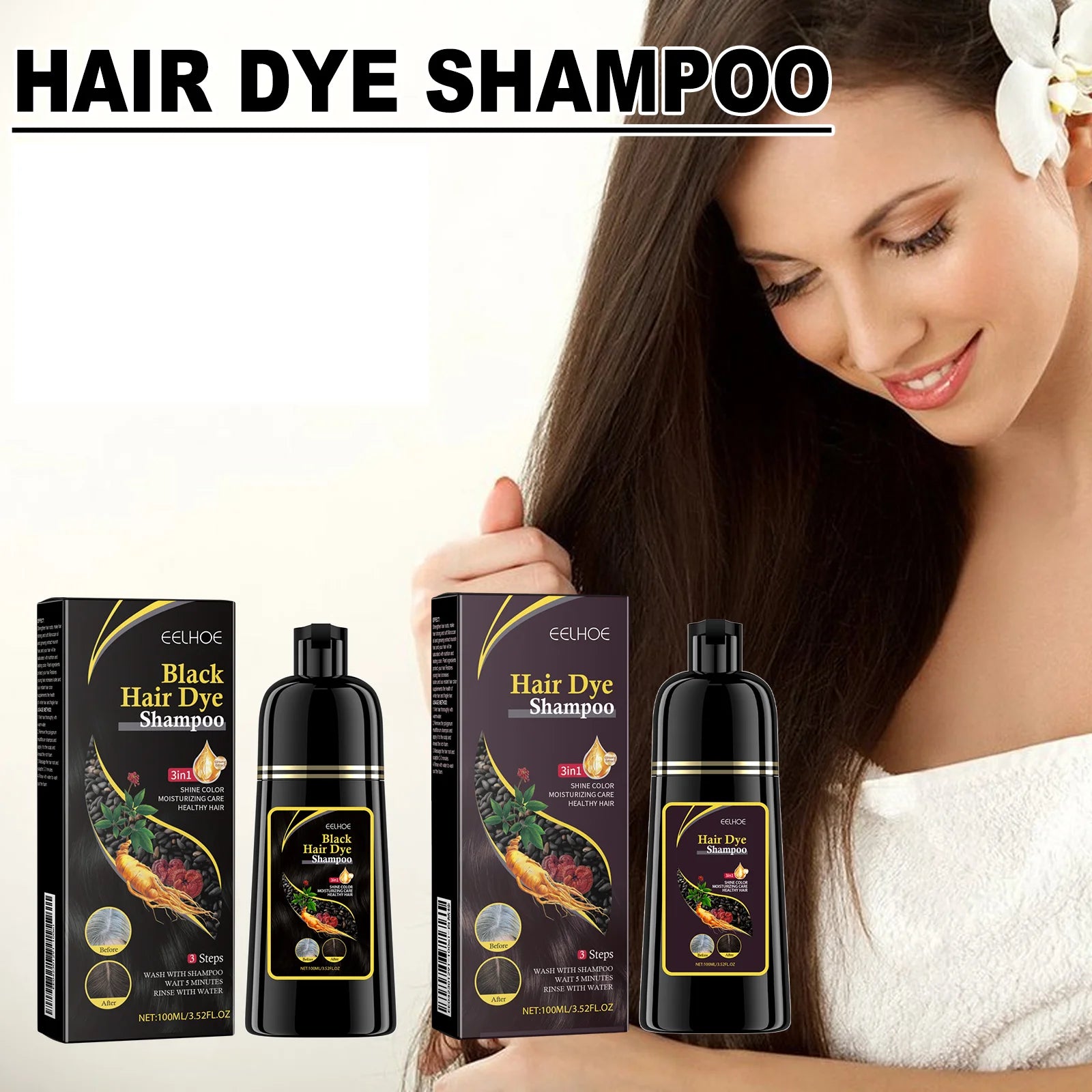 EELHOE Natural Hair Dye Shampoo – 3-in-1 Black Hair Color (100ml)