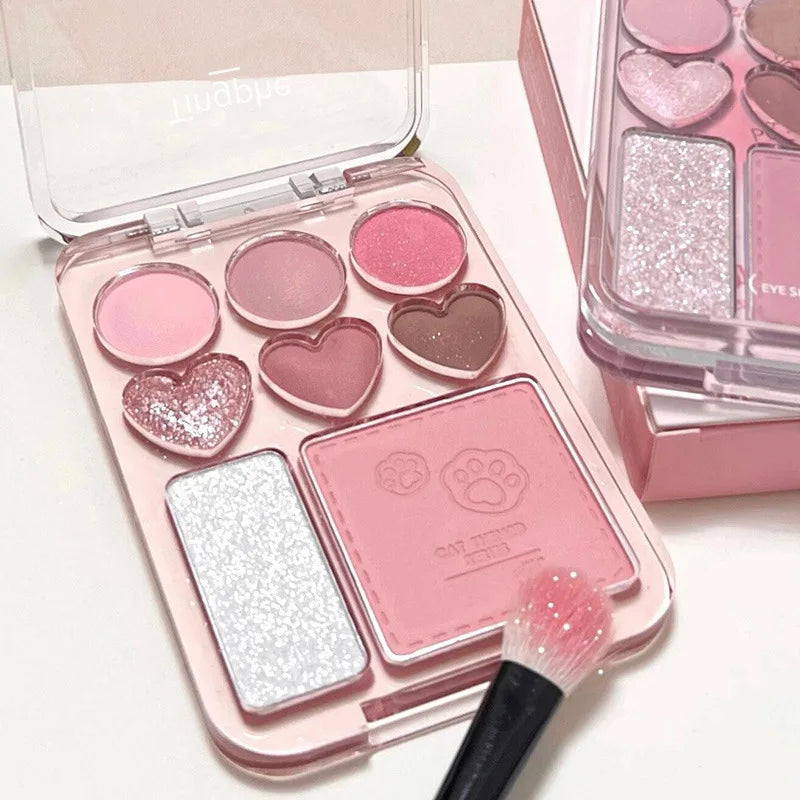 8-Color Eyeshadow & Blush Palette – Pink Orange Heart-Shaped Makeup