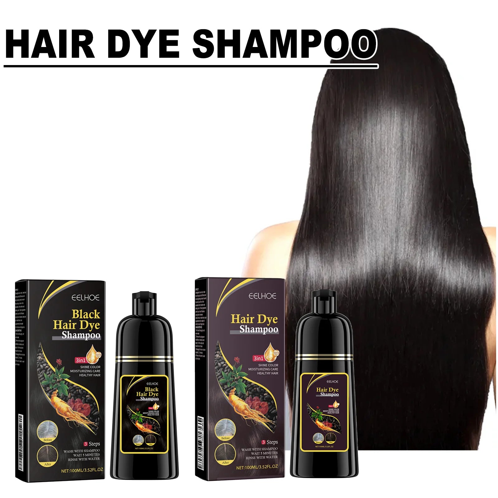 EELHOE Natural Hair Dye Shampoo – 3-in-1 Black Hair Color (100ml)