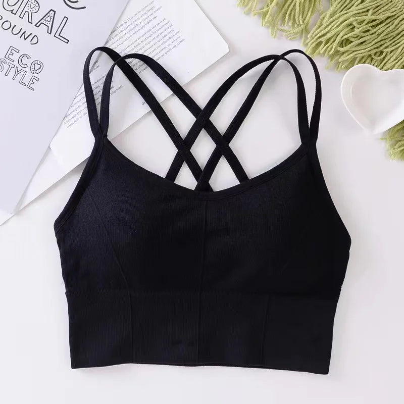 Women’s Cross Strap Sports Bra – Push-Up Seamless Fitness Top