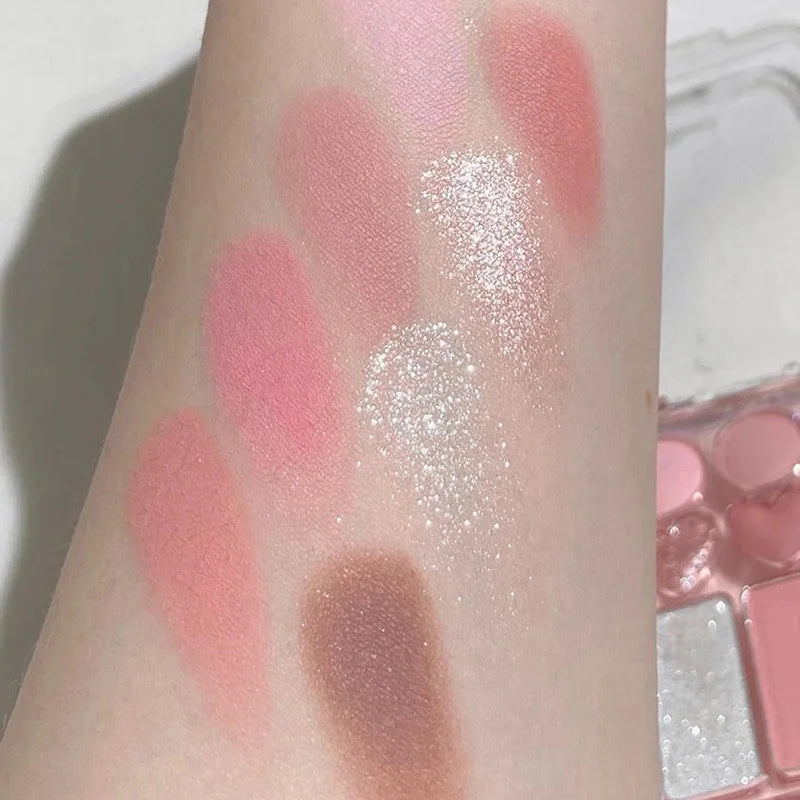 8-Color Eyeshadow & Blush Palette – Pink Orange Heart-Shaped Makeup