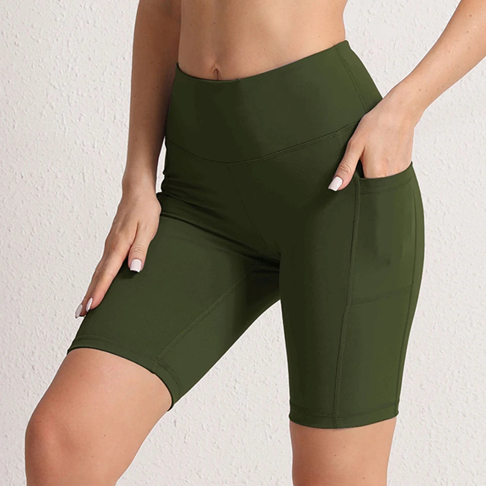 CHRLEISURE Women’s Yoga Shorts – Seamless Fitness Tights with Pockets