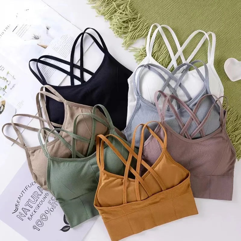Women’s Cross Strap Sports Bra – Push-Up Seamless Fitness Top