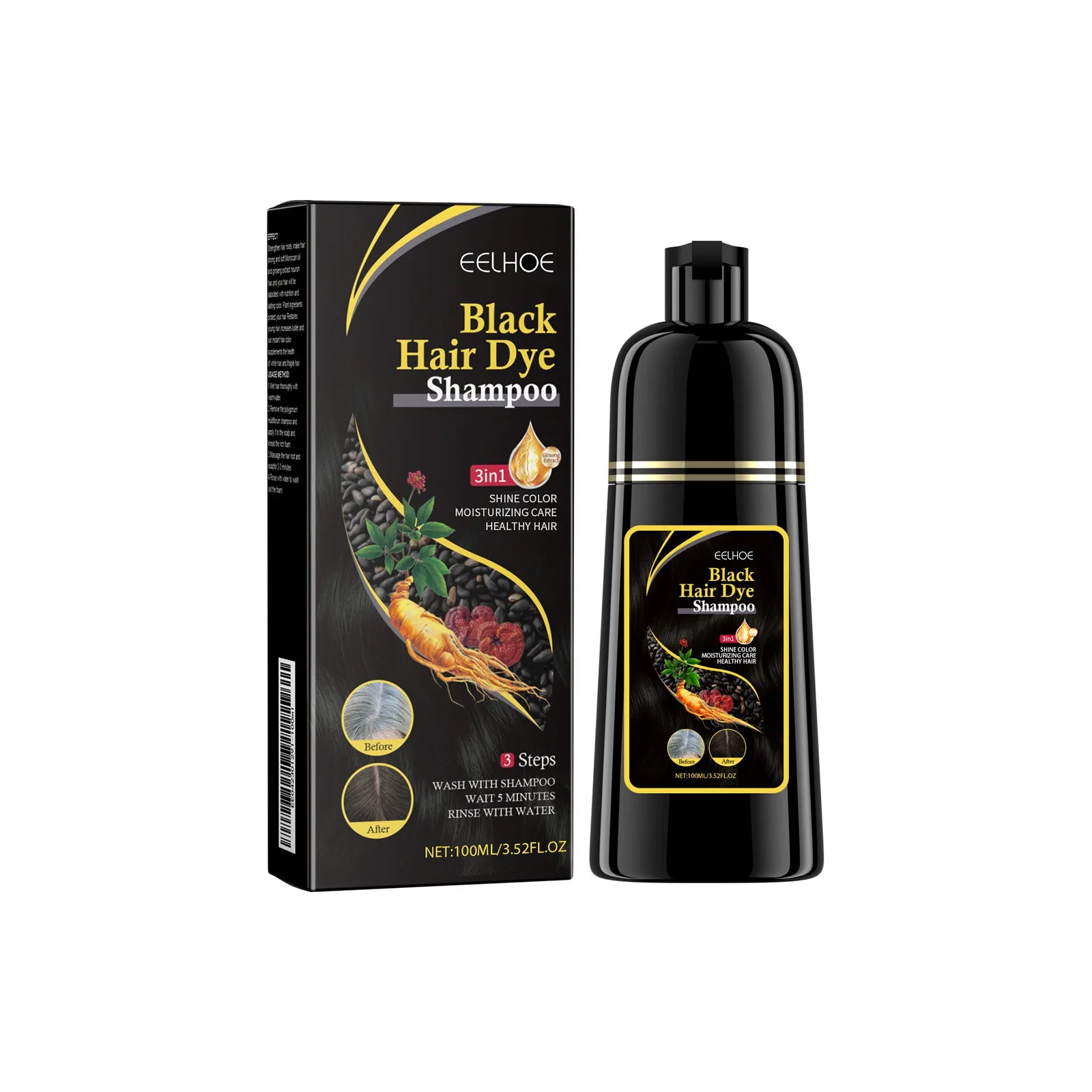 EELHOE Natural Hair Dye Shampoo – 3-in-1 Black Hair Color (100ml)